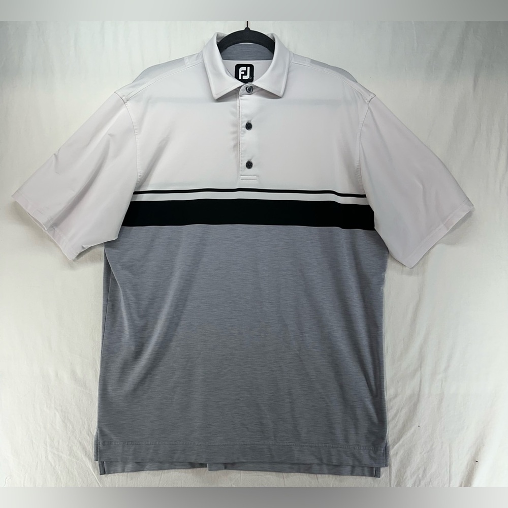 FootJoy FJ Black White Gray Striped Polo Athletic Casual‎ Golf Polo Size Large